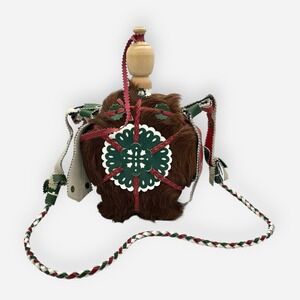 Vintage Hungarian Canteen Horse Hair Fur Leather Wooden Handmade Folk Art 10"